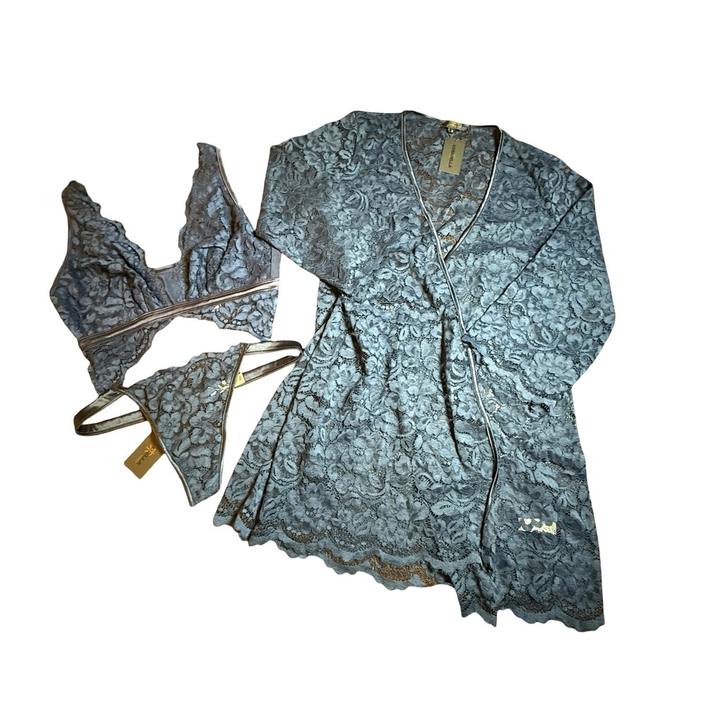 Cosabella Lusso Magnolia Lace Bralette G-String Robe Set Nocturnal Blue NWT M